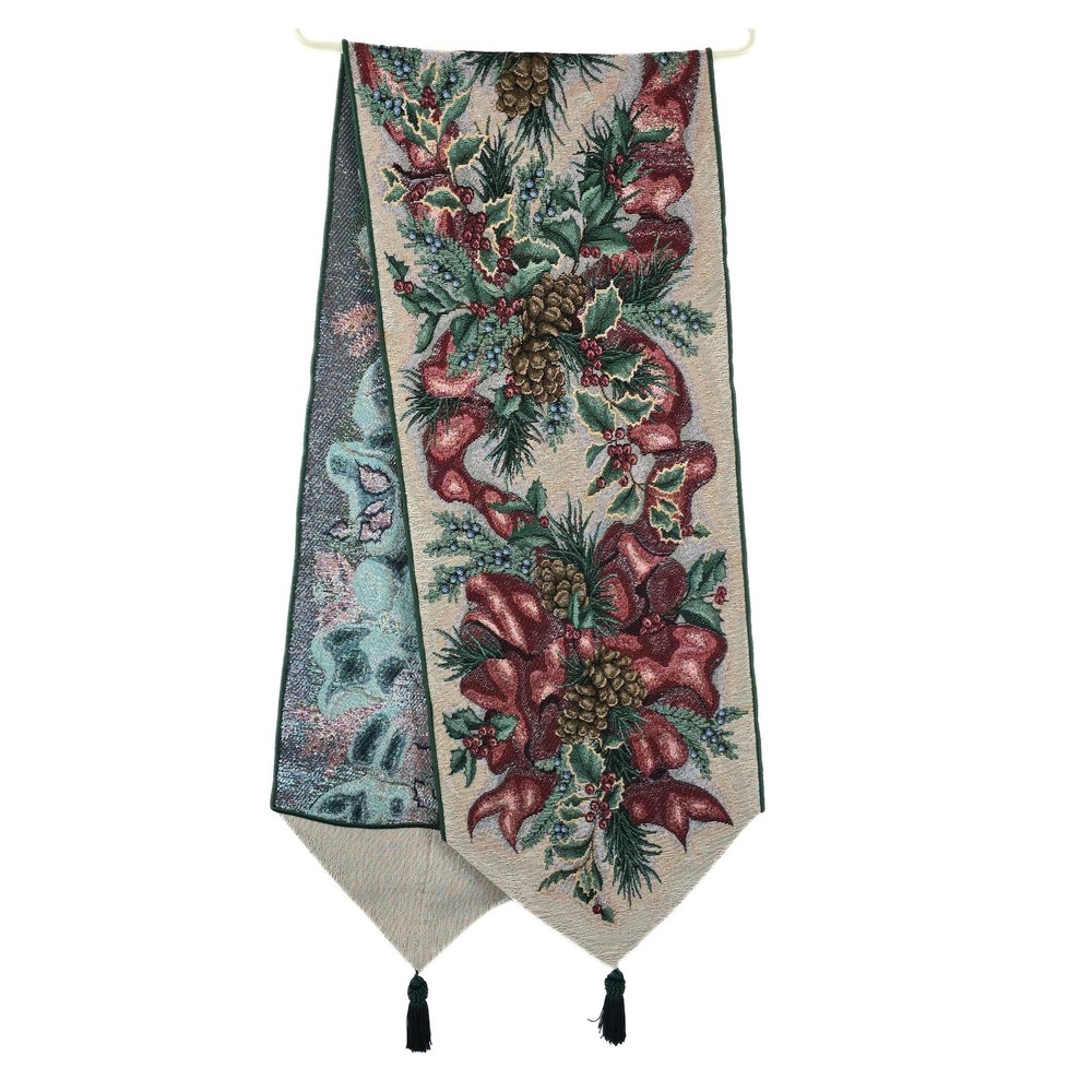 Christmas Woven Tapestry Table Runner Poinsettia Pinecone Tassel Green Red 70in